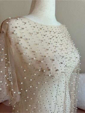 Sheer Nude Mesh Suspended Pearls & Rhinestones Short Sleeve Shell Overlay Top 2X